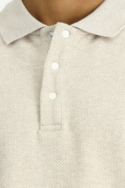 Light Beige Polo Collar Regular Fit Patterned Sweatshirt
