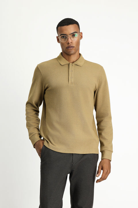 Dark Beige Polo Neck Regular Fit Patterned Sweatshirt