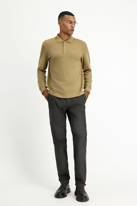 Dark Beige Polo Neck Regular Fit Patterned Sweatshirt
