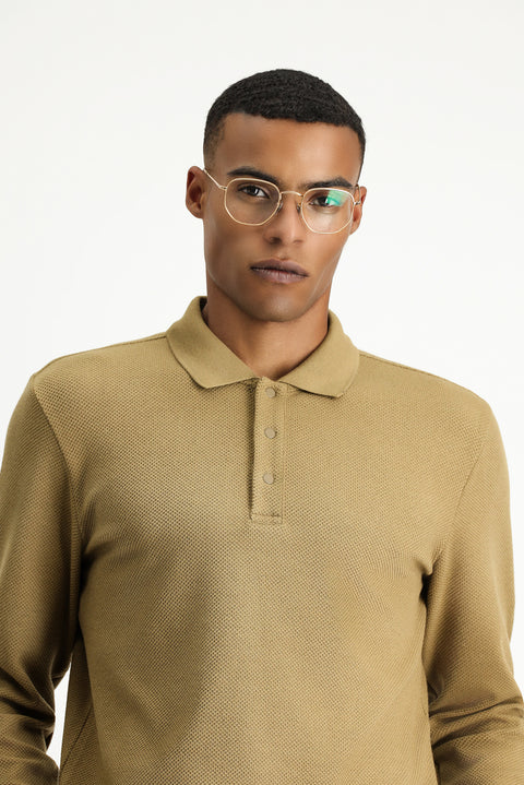 Dark Beige Polo Neck Regular Fit Patterned Sweatshirt
