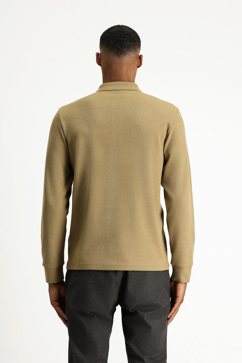 Dark Beige Polo Neck Regular Fit Patterned Sweatshirt