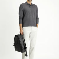 Dark Anthracite Melange Polo Collar Regular Fit Patterned Sweatshirt