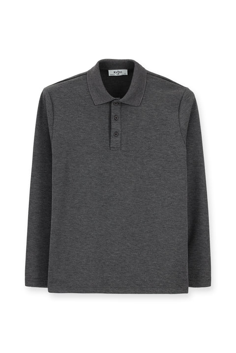 Dark Anthracite Melange Polo Collar Regular Fit Patterned Sweatshirt