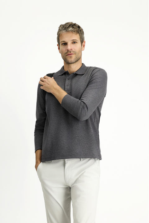 Dark Anthracite Melange Polo Collar Regular Fit Patterned Sweatshirt