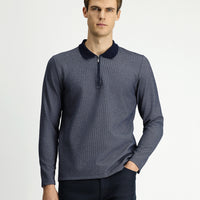 Light Navy Blue Polo Collar Regular Fit Patterned Zip-Up Cotton Sweatshirt