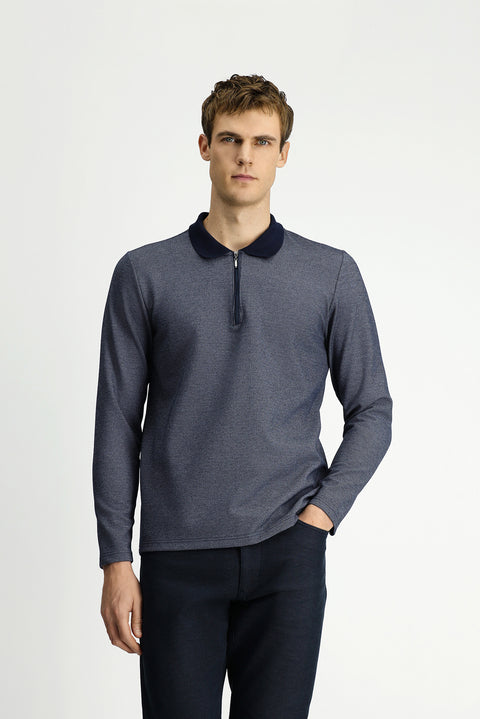 Light Navy Blue Polo Collar Regular Fit Patterned Zip-Up Cotton Sweatshirt