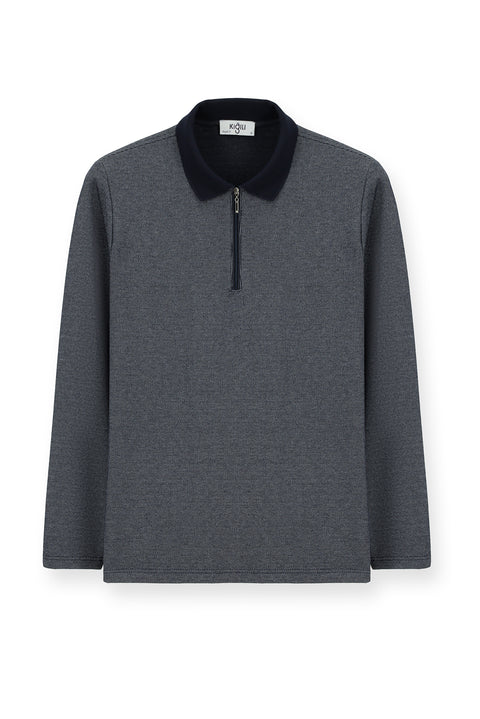Light Navy Blue Polo Collar Regular Fit Patterned Zip-Up Cotton Sweatshirt