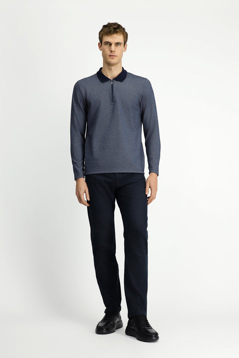 Light Navy Blue Polo Collar Regular Fit Patterned Zip-Up Cotton Sweatshirt