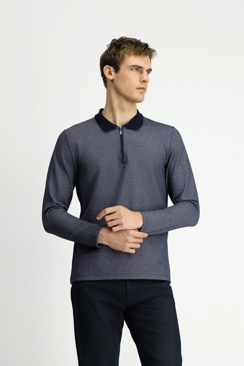 Light Navy Blue Polo Collar Regular Fit Patterned Zip-Up Cotton Sweatshirt