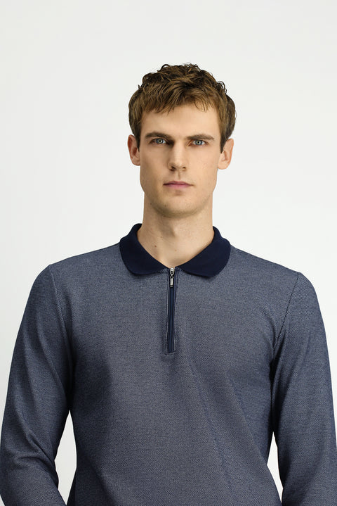 Light Navy Blue Polo Collar Regular Fit Patterned Zip-Up Cotton Sweatshirt