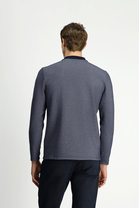 Light Navy Blue Polo Collar Regular Fit Patterned Zip-Up Cotton Sweatshirt