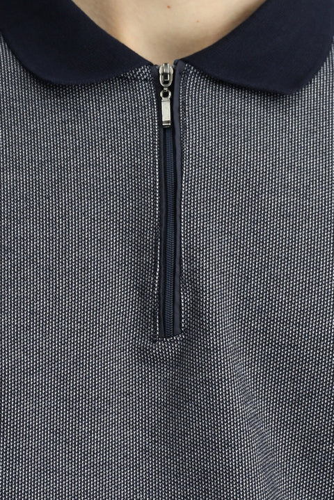 Light Navy Blue Polo Collar Regular Fit Patterned Zip-Up Cotton Sweatshirt