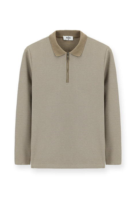 Medium Mink Polo Collar Regular Fit Patterned Zip-Up Cotton Sweatshirt