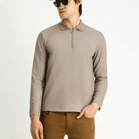 Medium Mink Polo Collar Regular Fit Patterned Zip-Up Cotton Sweatshirt