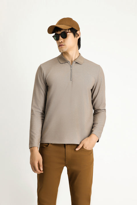 Medium Mink Polo Collar Regular Fit Patterned Zip-Up Cotton Sweatshirt