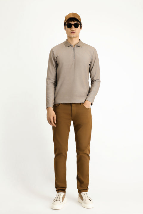 Medium Mink Polo Collar Regular Fit Patterned Zip-Up Cotton Sweatshirt