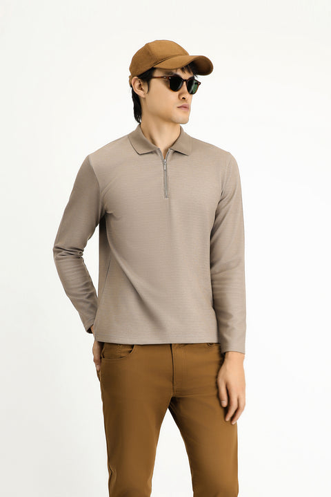 Medium Mink Polo Collar Regular Fit Patterned Zip-Up Cotton Sweatshirt