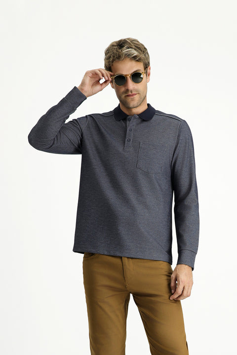 Medium Navy Polo Collar Regular Fit Patterned Sweatshirt