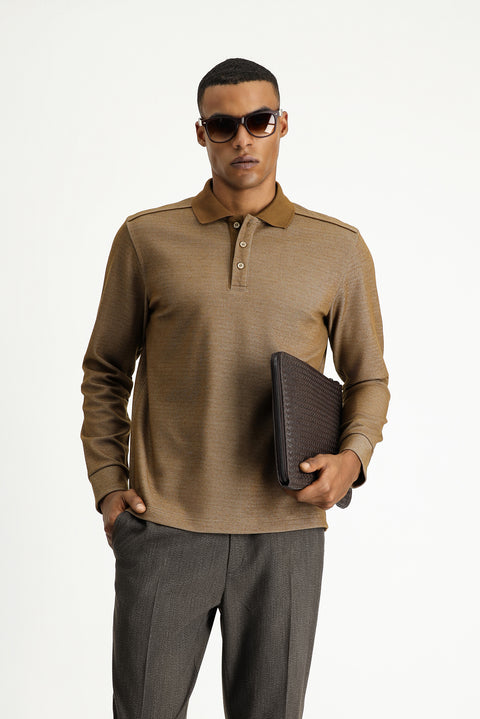 Light Brown Polo Collar Regular Fit Patterned Sweatshirt