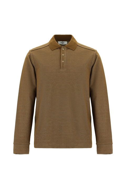 Light Brown Polo Collar Regular Fit Patterned Sweatshirt