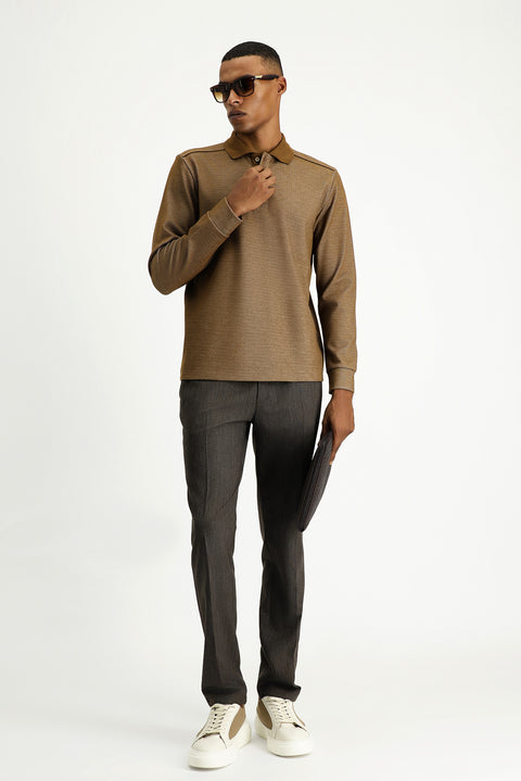 Light Brown Polo Collar Regular Fit Patterned Sweatshirt