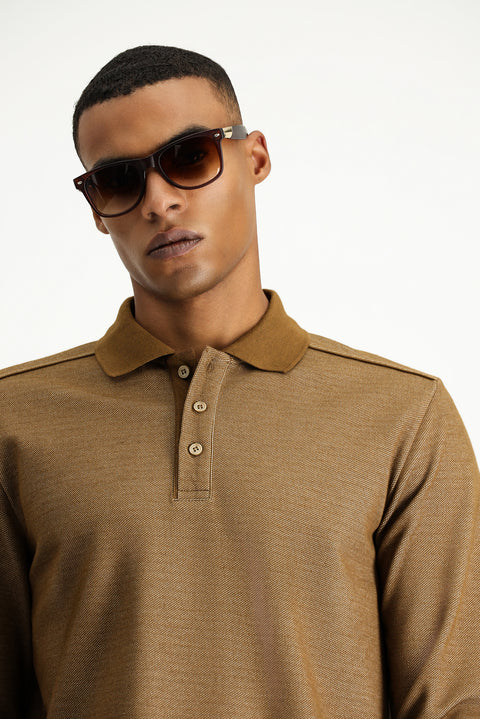 Light Brown Polo Collar Regular Fit Patterned Sweatshirt