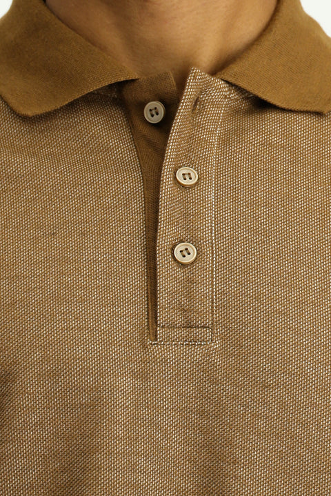Light Brown Polo Collar Regular Fit Patterned Sweatshirt