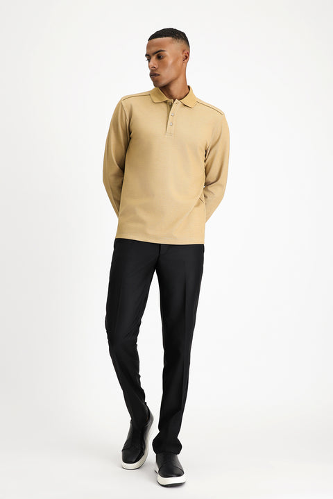 Medium Beige Polo Neck Regular Fit Patterned Sweatshirt