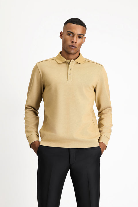 Medium Beige Polo Neck Regular Fit Patterned Sweatshirt