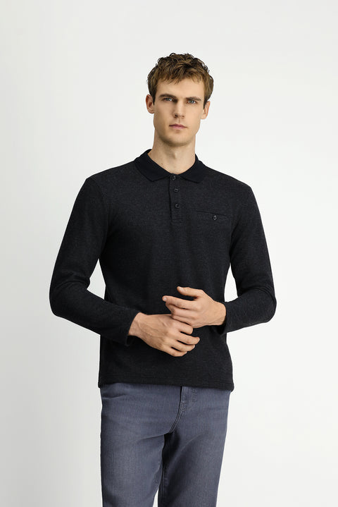 Koyu Antrasit Melanj Polo Yaka Regular Fit Cepli Sweatshirt