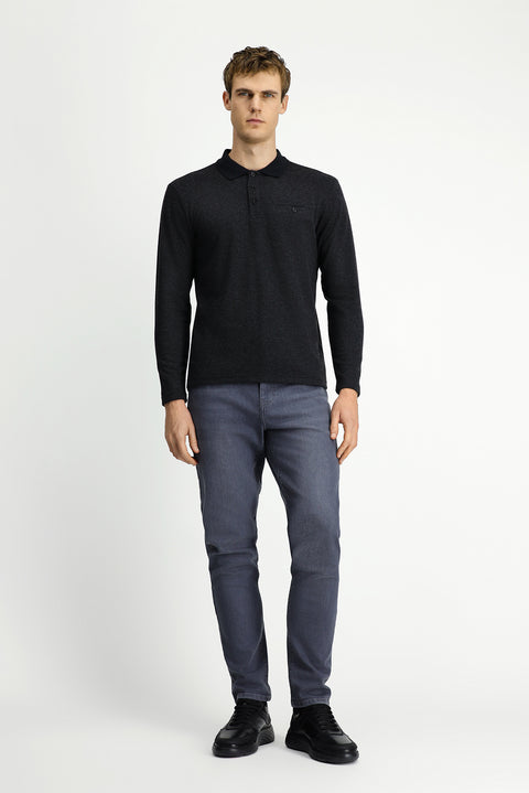 Koyu Antrasit Melanj Polo Yaka Regular Fit Cepli Sweatshirt