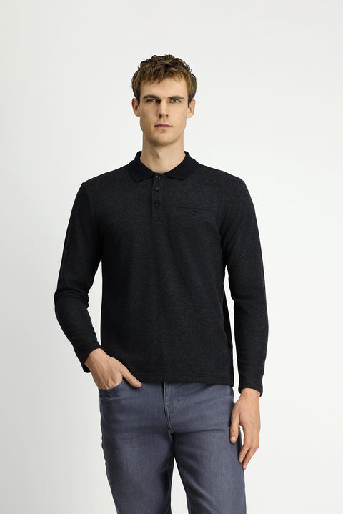 Koyu Antrasit Melanj Polo Yaka Regular Fit Cepli Sweatshirt