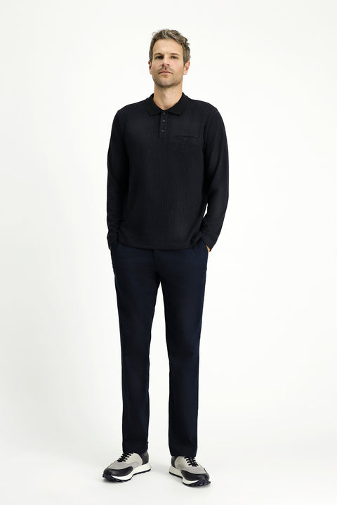 Dark Navy Polo Collar Regular Fit Patterned Sweatshirt