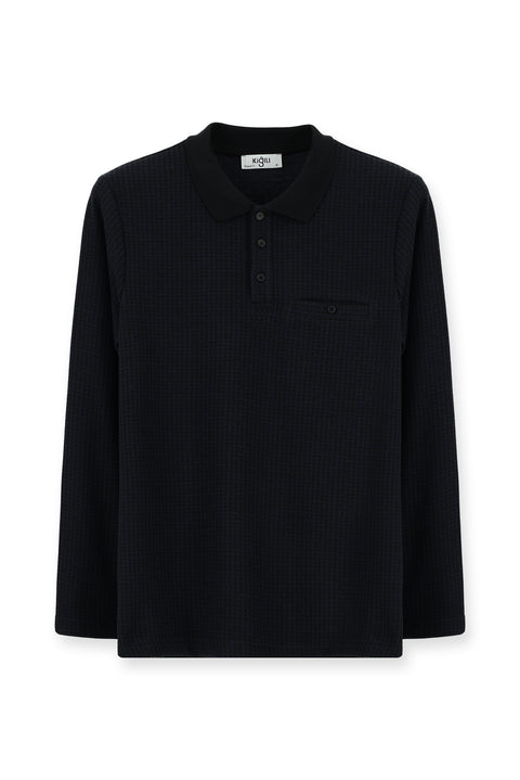 Dark Navy Polo Collar Regular Fit Patterned Sweatshirt