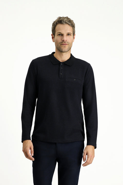 Dark Navy Polo Collar Regular Fit Patterned Sweatshirt