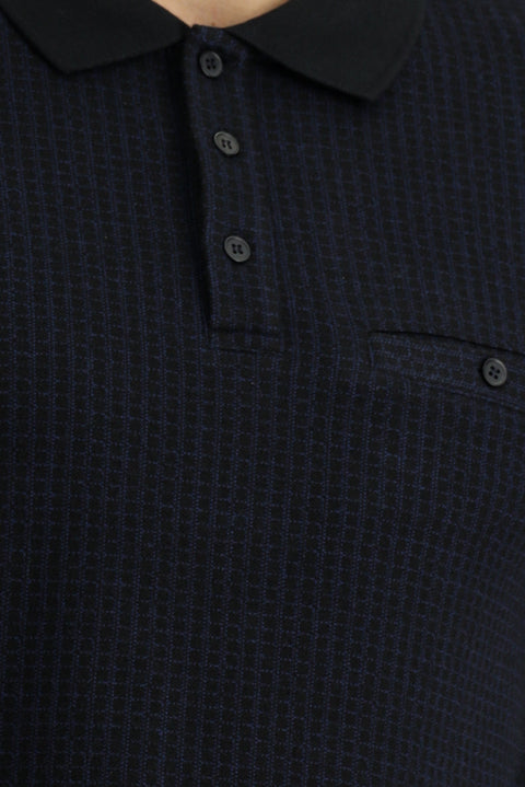 Dark Navy Polo Collar Regular Fit Patterned Sweatshirt