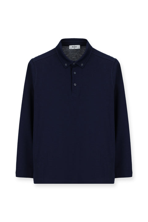 Dark Navy Polo Collar Regular Fit Striped Cotton Sweatshirt