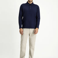 Dark Navy Polo Collar Regular Fit Striped Cotton Sweatshirt