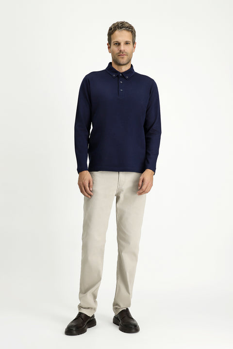 Dark Navy Polo Collar Regular Fit Striped Cotton Sweatshirt