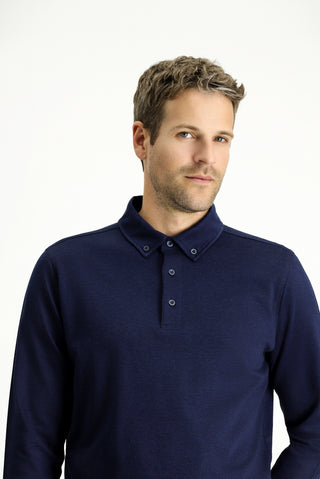  Koyu Lacivert Polo Yaka Regular Fit Çizgili Pamuk Sweatshirt