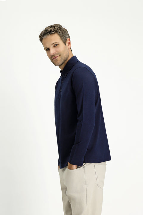 Dark Navy Polo Collar Regular Fit Striped Cotton Sweatshirt