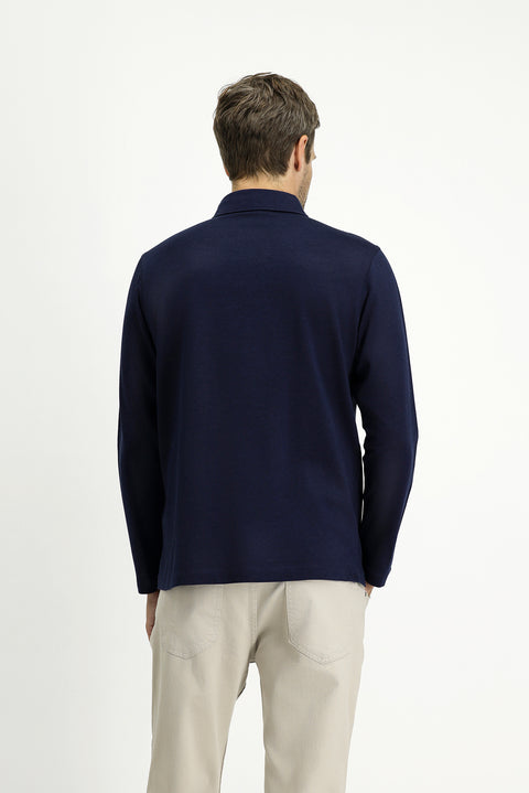 Dark Navy Polo Collar Regular Fit Striped Cotton Sweatshirt
