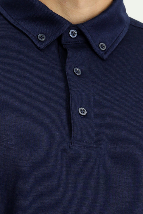 Dark Navy Polo Collar Regular Fit Striped Cotton Sweatshirt