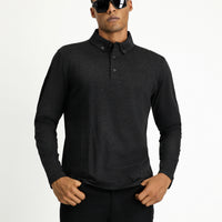 Dark Anthracite Melange Polo Collar Regular Fit Striped Cotton Sweatshirt