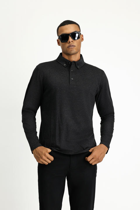 Dark Anthracite Melange Polo Collar Regular Fit Striped Cotton Sweatshirt