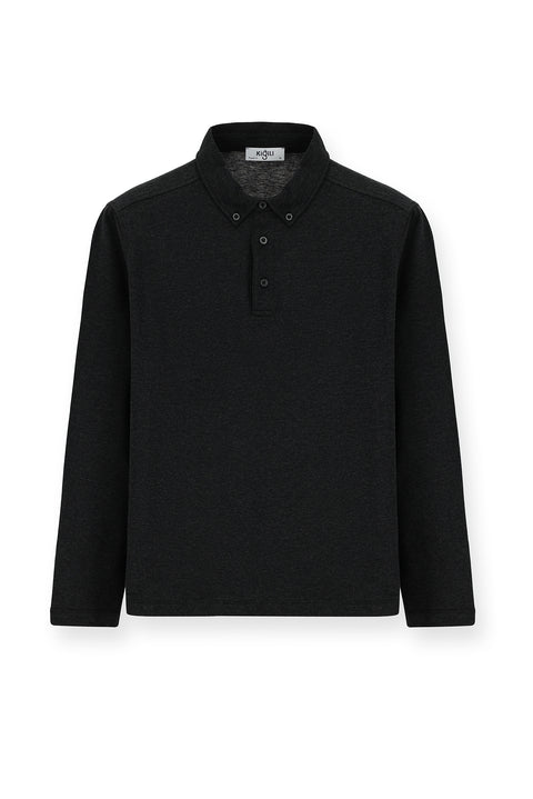 Dark Anthracite Melange Polo Collar Regular Fit Striped Cotton Sweatshirt
