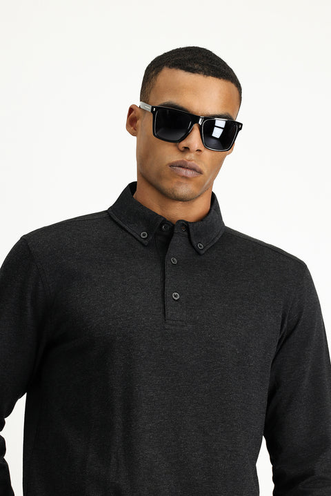 Dark Anthracite Melange Polo Collar Regular Fit Striped Cotton Sweatshirt