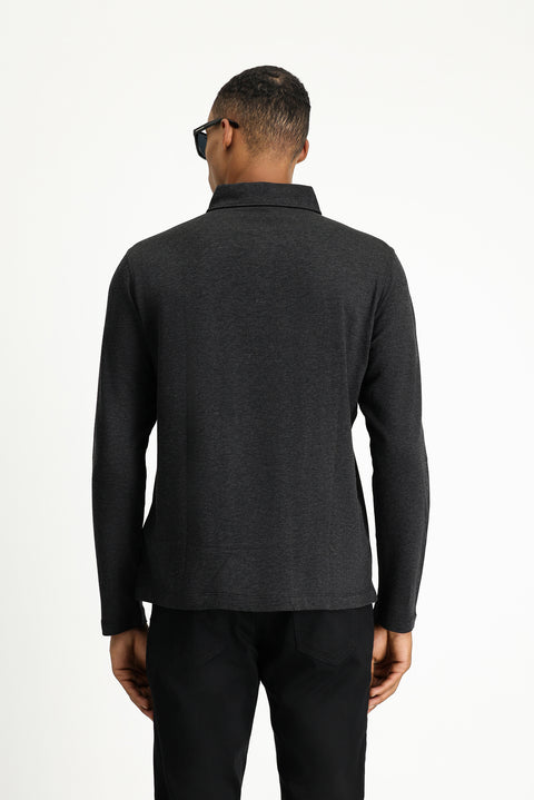 Dark Anthracite Melange Polo Collar Regular Fit Striped Cotton Sweatshirt