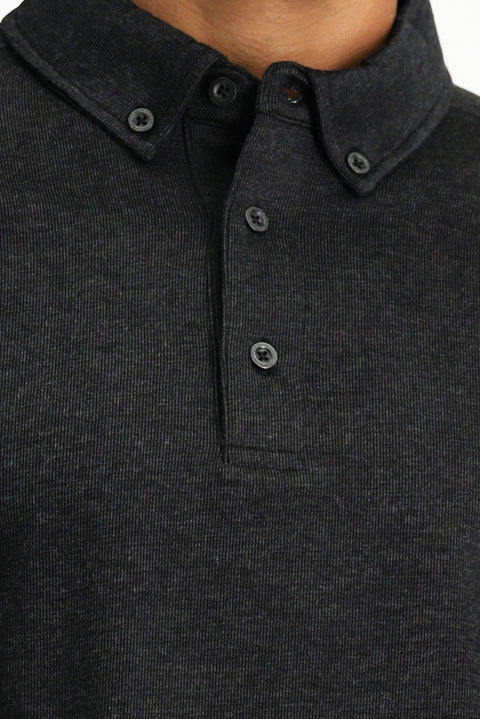 Dark Anthracite Melange Polo Collar Regular Fit Striped Cotton Sweatshirt