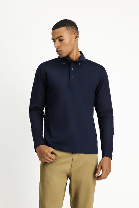 Dark Navy Polo Collar Regular Fit Cotton Sweatshirt
